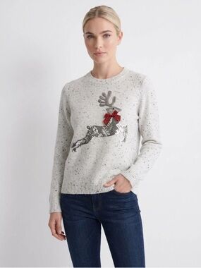 Karen Scott Cream reindeer sweater only worn for Christmas photo.